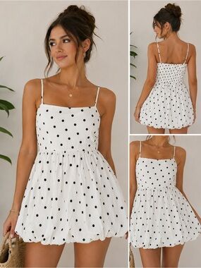 Polka Dot White Bubble-Hem Mini Dress with Spaghetti Straps